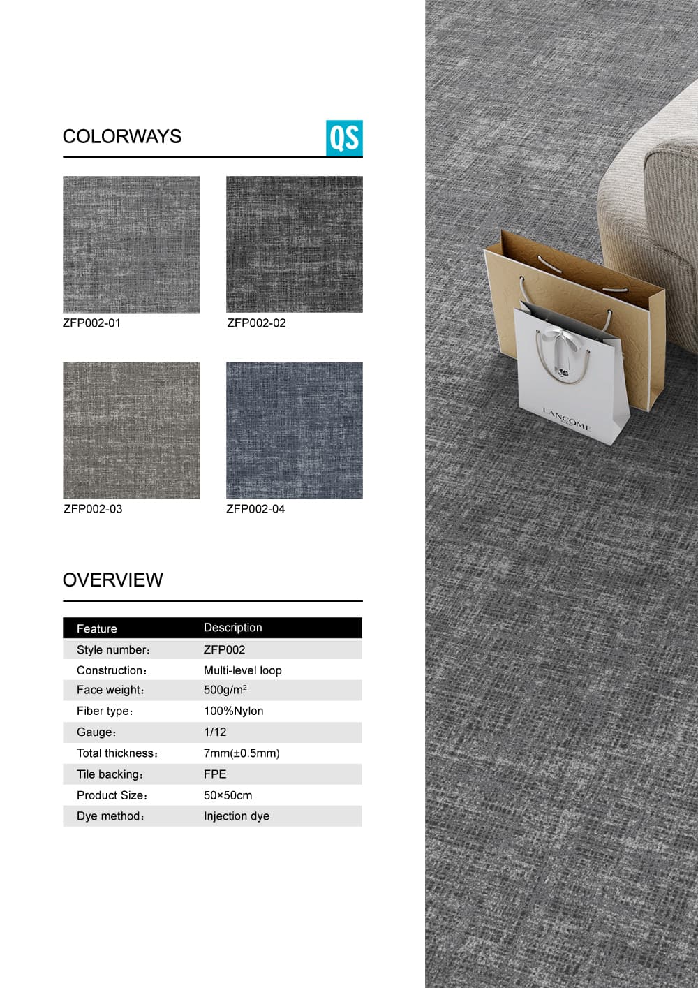 GOTO floor swatch overview — QUICK SHIP ZFP002 50×50 cm linen-mottled multi-level loop colorways (4)